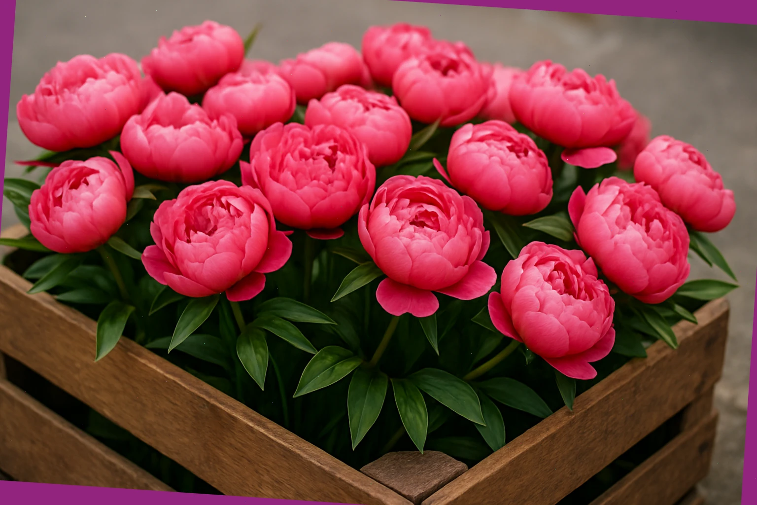 Peonies in a low wooden crate