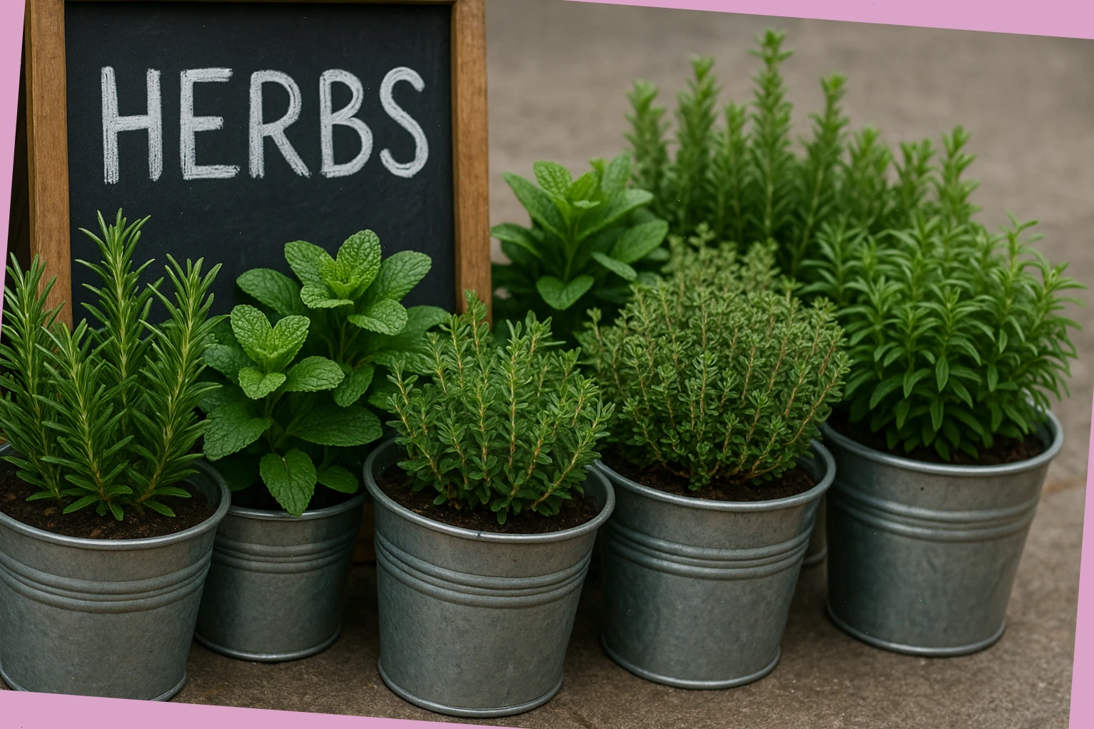Herb pots lined up near a chalkboard sign
