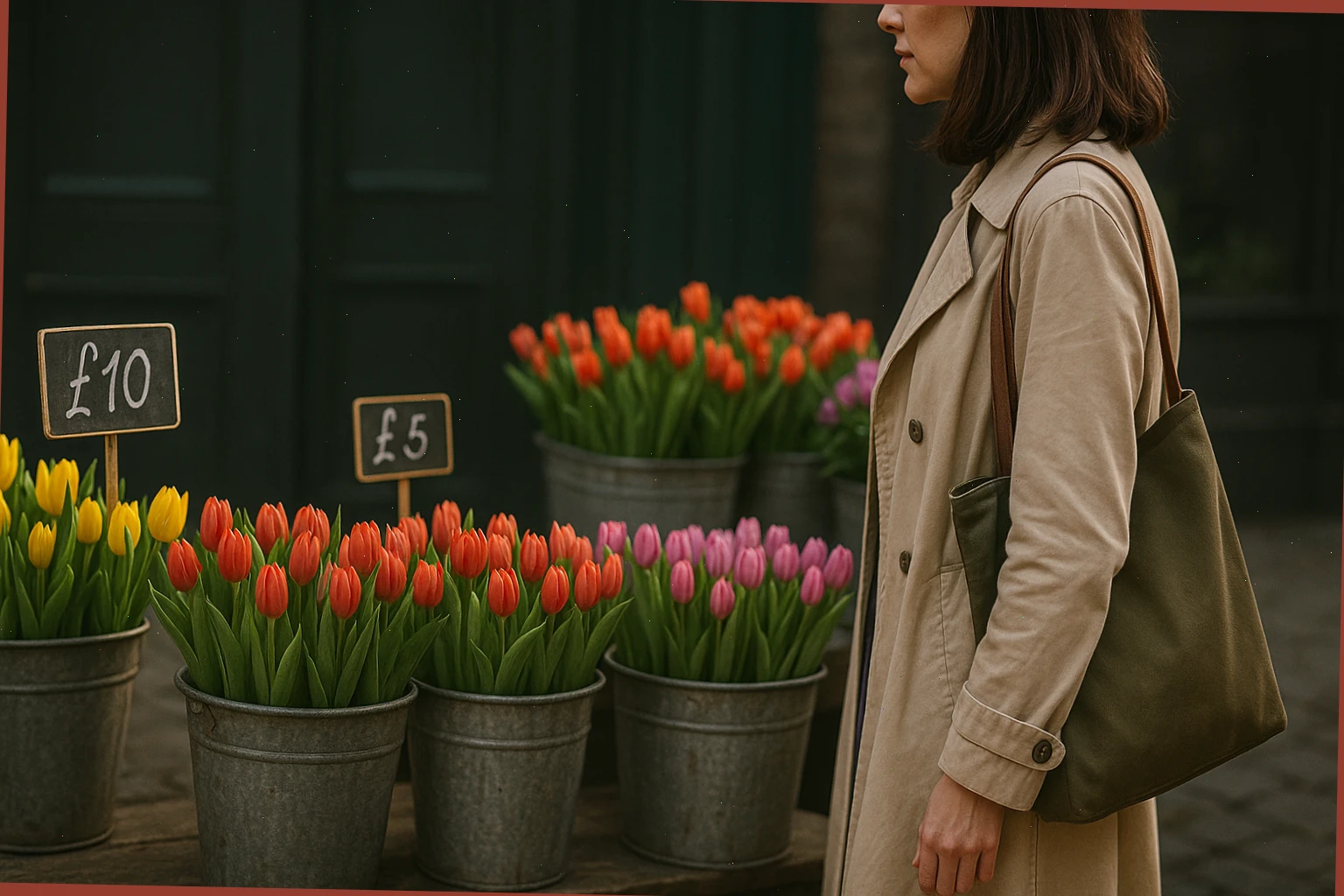 Visitor with a small tote near tulip buckets