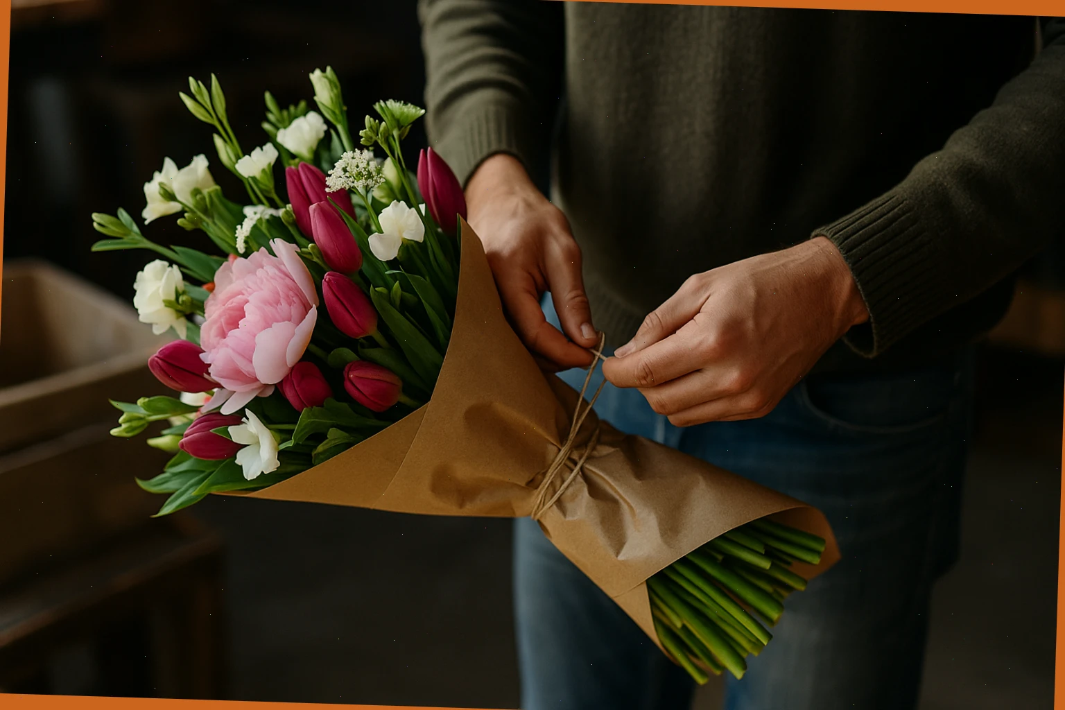 Hands tying kraft paper around mixed stems