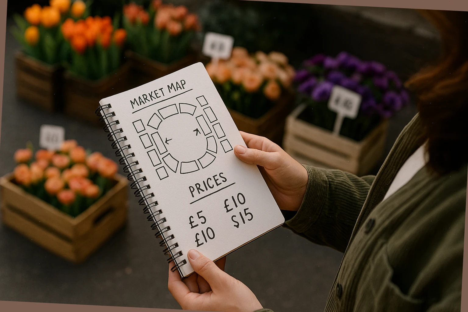 Notebook with stall map and simple price marks