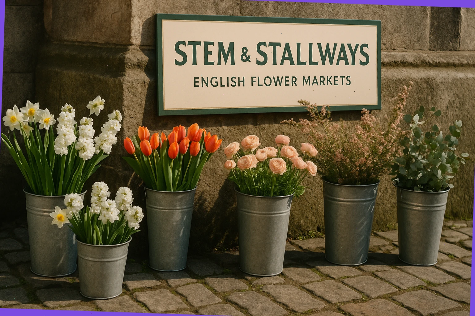 Buckets of seasonal stems near an aisle sign